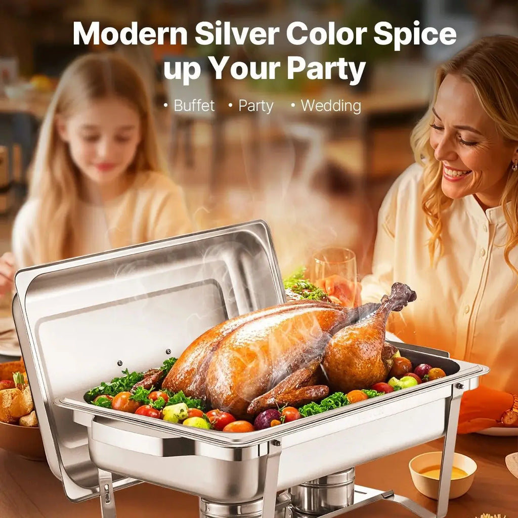 Chafing dish holding a roast turkey with people in the background during a meal.