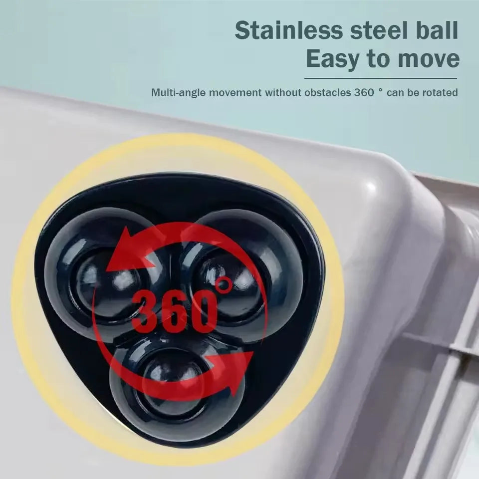Black triangular furniture caster with 360-degree rotation arrows shown on a storage container.