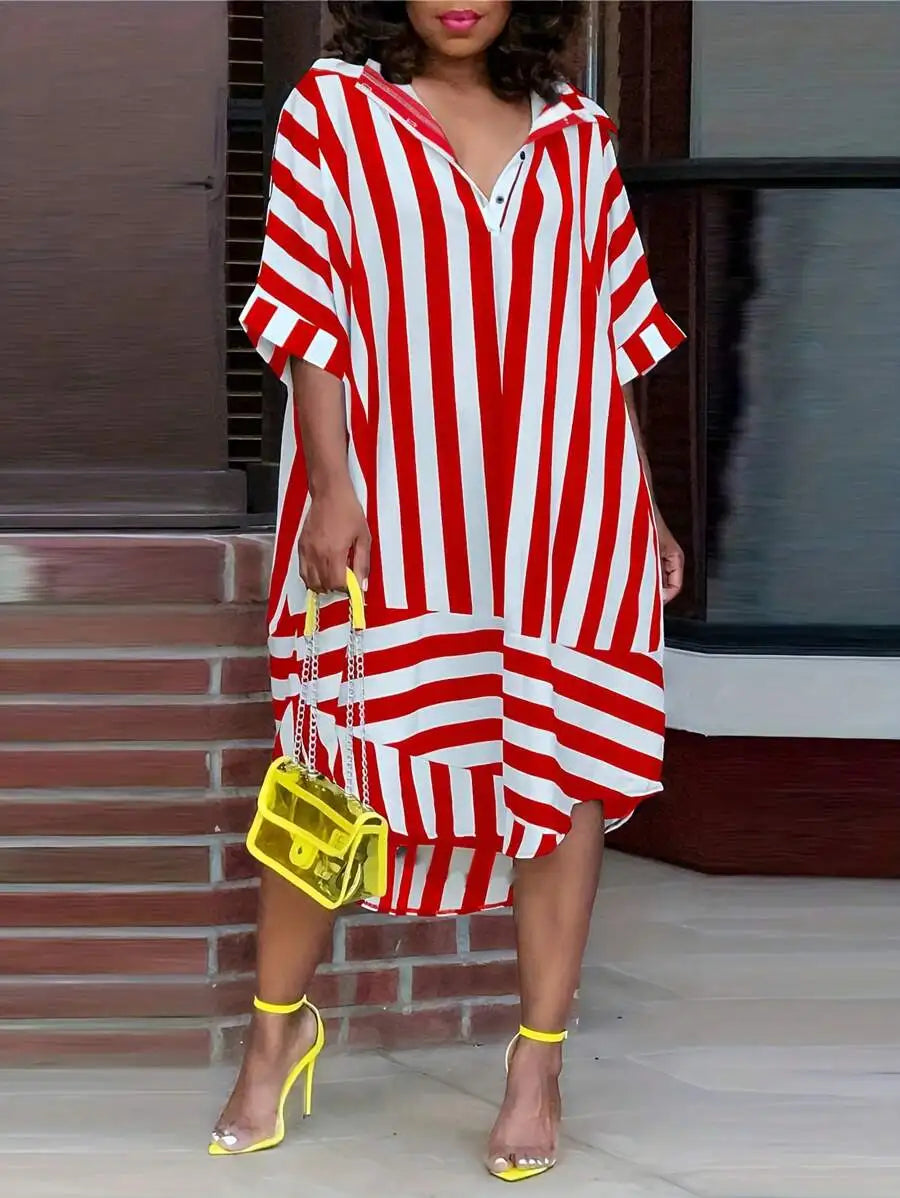 Model wearing a red and white striped oversized casual midi dress