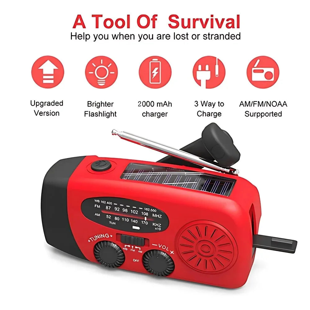 Portable red solar emergency radio with icons showing features like flashlight, power bank, and charging methods