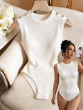Sleeveless off-white ribbed knit bodysuit worn by a model