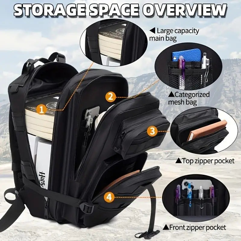 Black tactical backpack storage compartments and features