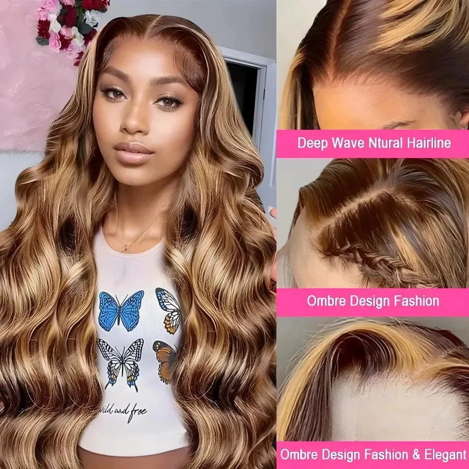 Highlight body wave human hair lace front wig with natural hairline