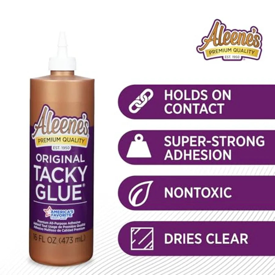 Bottle of all-purpose craft adhesive with text features listed beside it