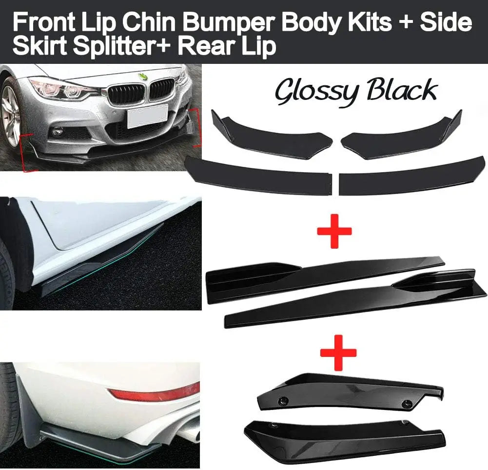 Glossy black universal front and rear bumper splitters and side skirts