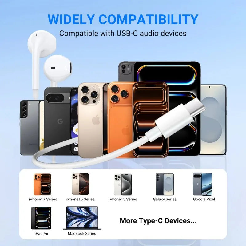 White wired USB-C earphones with various smartphones and tablets showing wide compatibility