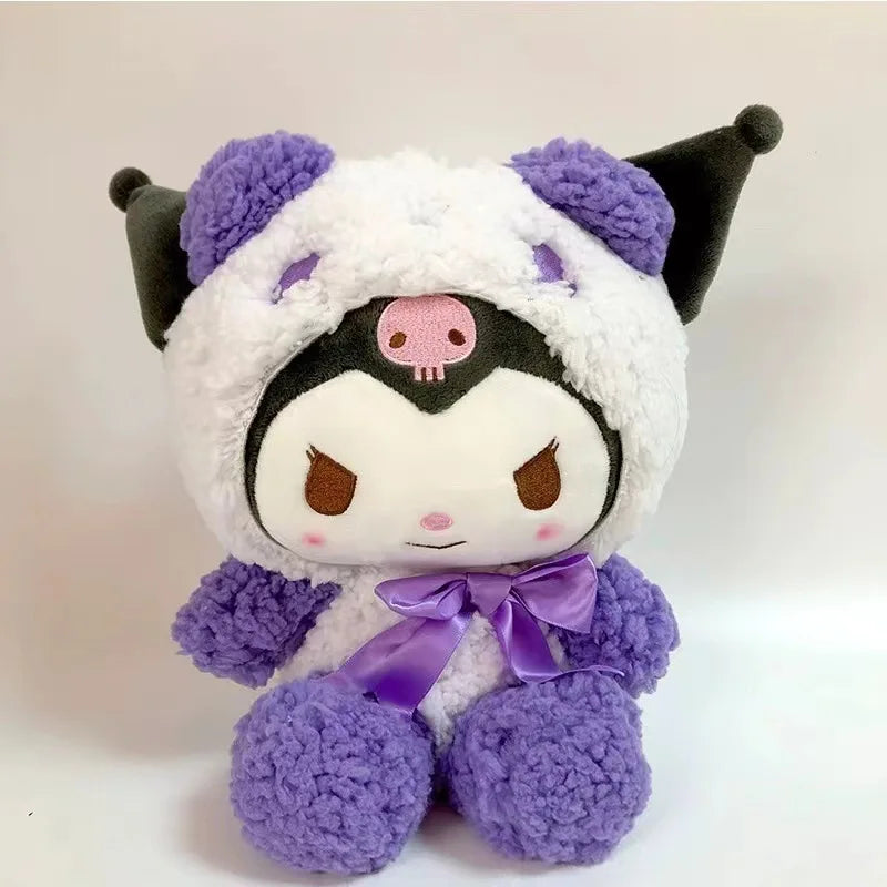 A purple and white cartoon character plush toy with a black hood.