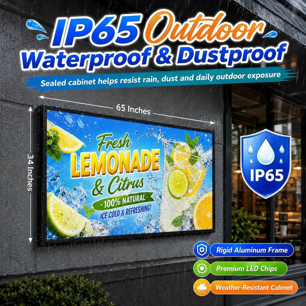 A large rectangular LED digital sign mounted on an outdoor stone wall displaying a fresh lemonade advertisement.