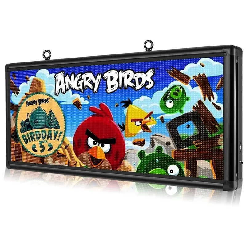 Rectangular programmable LED advertising screen showing Angry Birds characters