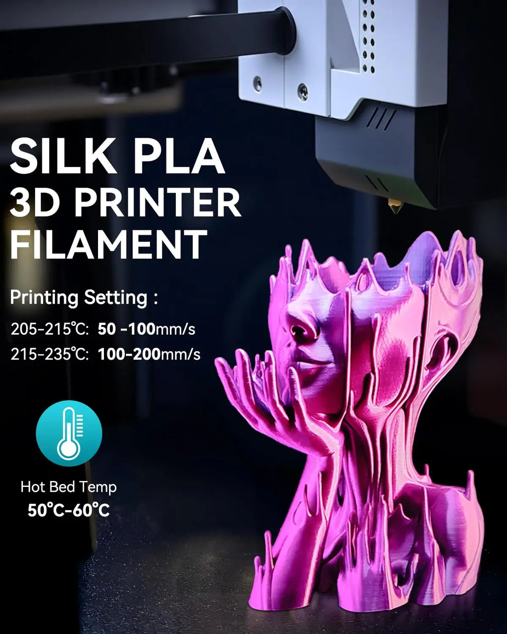 A 3D printed abstract sculpture on a printer bed with text overlay showing recommended printing temperatures.