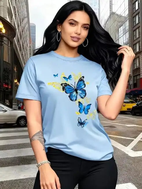 Purple Butterfly Print T-Shirt with Golden Design, 100% Cotton – Blue