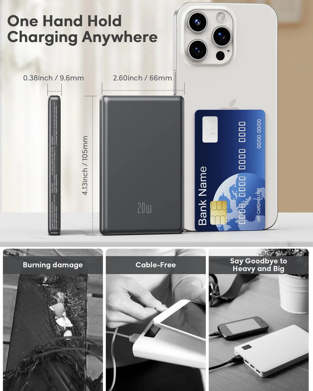 Compact magnetic wireless power bank with dimensions compared to a credit card and phone.