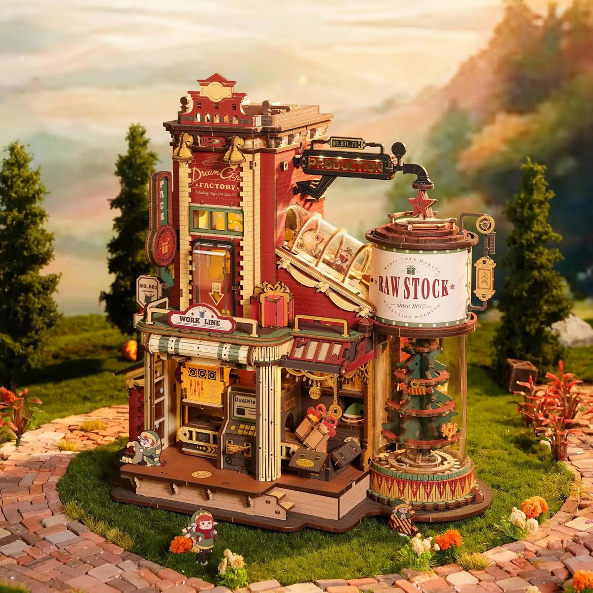A miniature wooden toy factory 3D puzzle model on a brick surface with a forest background.