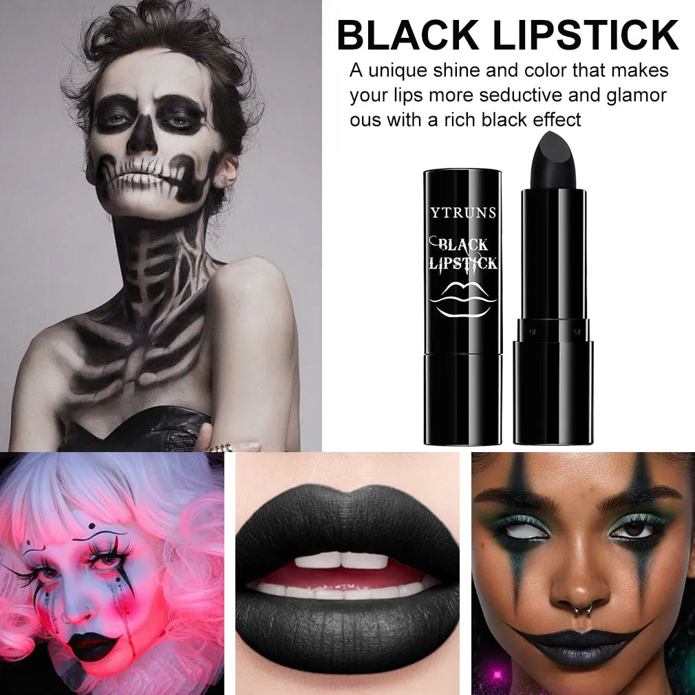 Collage of black lipstick and people wearing it for Halloween