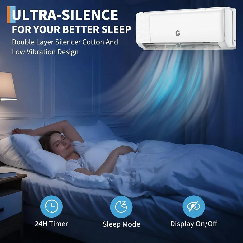 Wall mounted air conditioner in a bedroom with a woman sleeping, highlighting silent operation mode