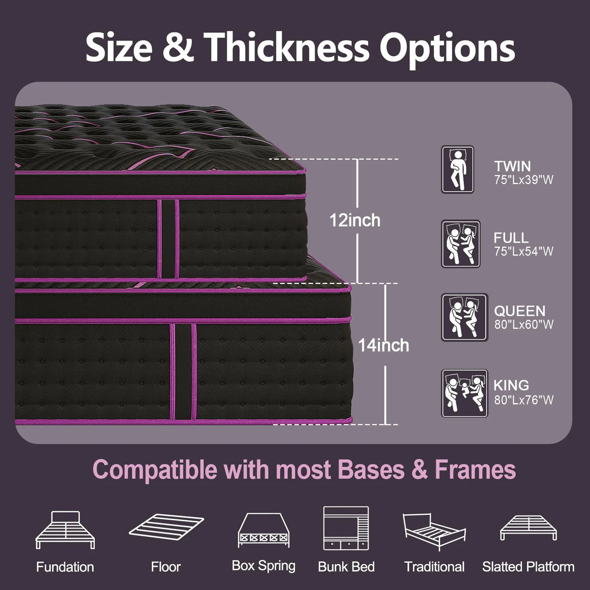 A diagram showing size and thickness options for a hybrid mattress and base compatibility.