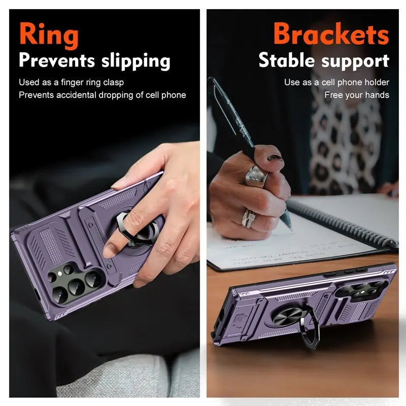 Purple rugged phone case demonstrating finger ring grip and integrated kickstand features.