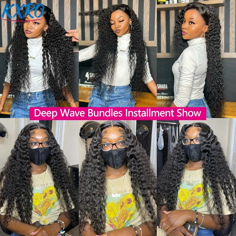 A collage showing a woman wearing long deep wave hair extensions in different poses and angles.