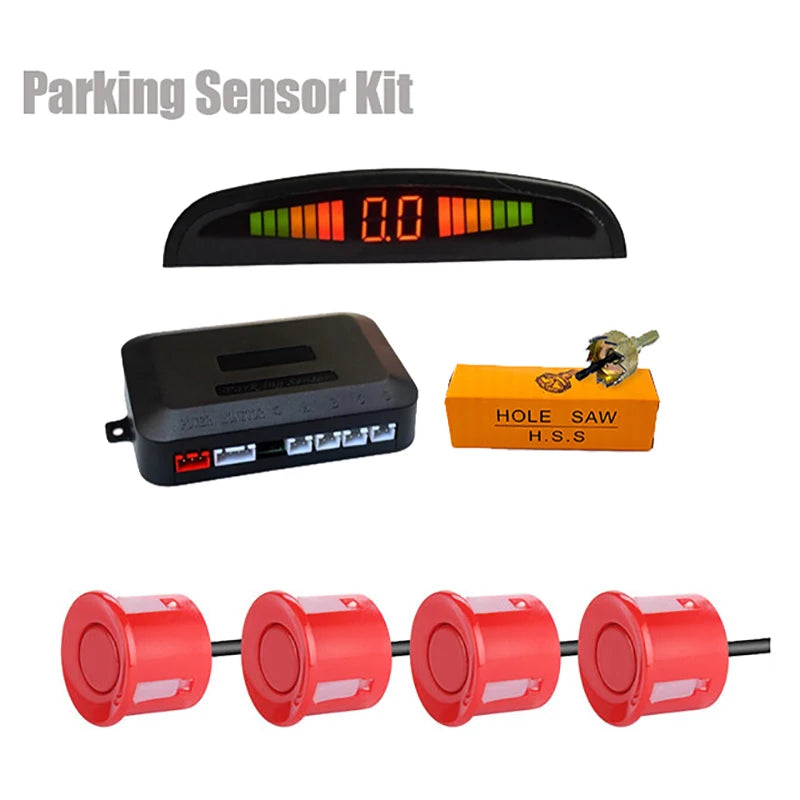 Car LED Parking Sensor Kit with 4 Ultrasonic Sensors and Digital Display – Red