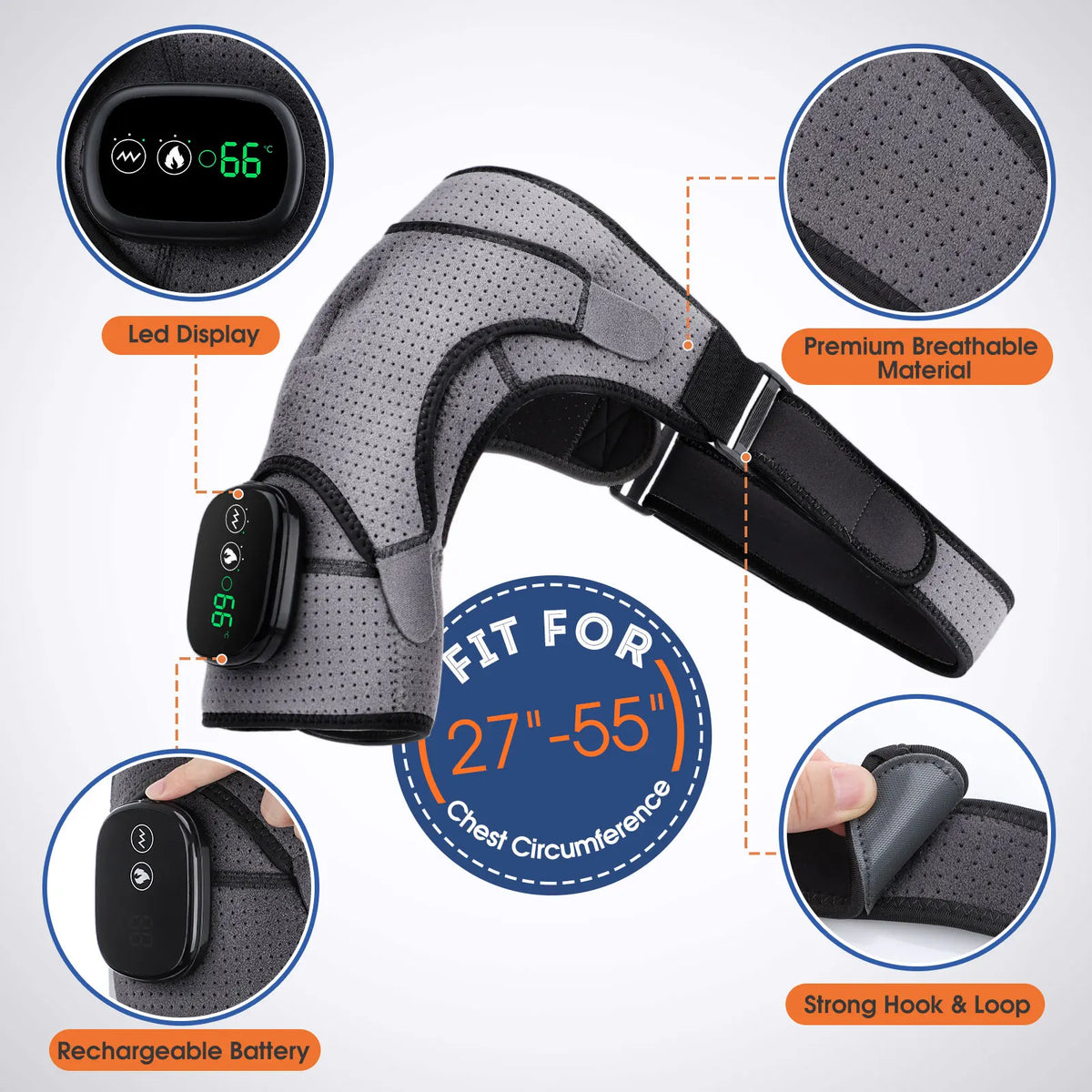 Electric shoulder massager features showing LED display, breathable fabric, battery and adjustable straps