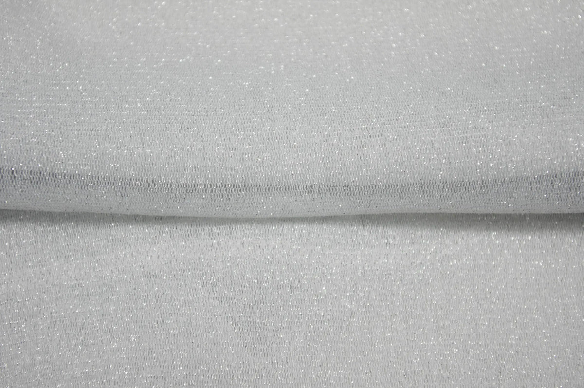 Close-up of silver metallic sheer mesh fabric texture with visible fold