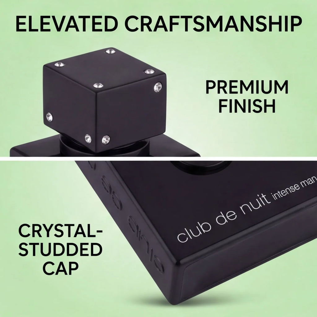 Close-up of the crystal-studded cap and bottle details
