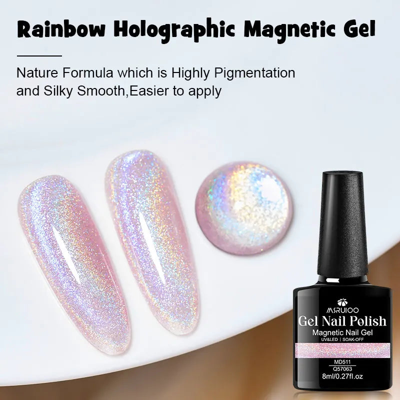 Pink holographic magnetic cat eye gel nail polish swatches on sample tips with bottle