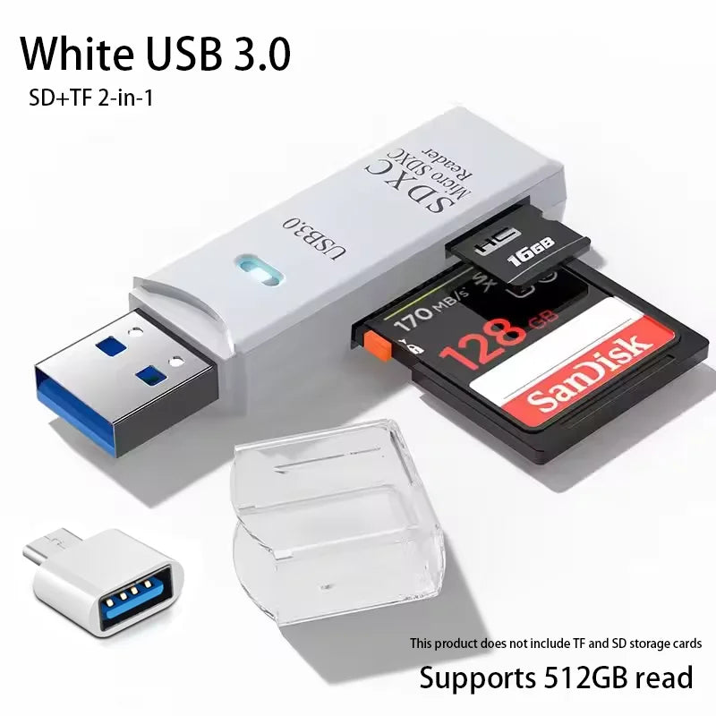 2-in-1 USB Memory Card Reader for SD and TF Cards – White3.0 USB