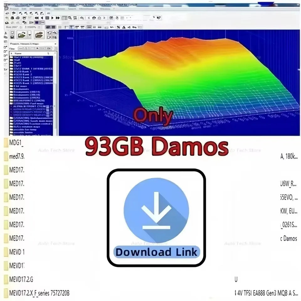 Computer folder directory showing large collection of automotive engine Damos files for tuning and ECU diagnostic work