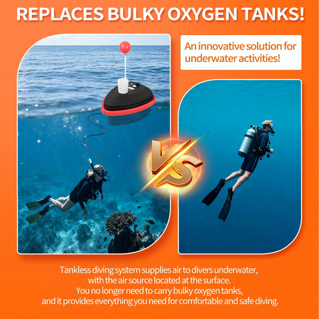 Comparison infographic showing a floating scuba ventilator versus a traditional scuba tank diver underwater.