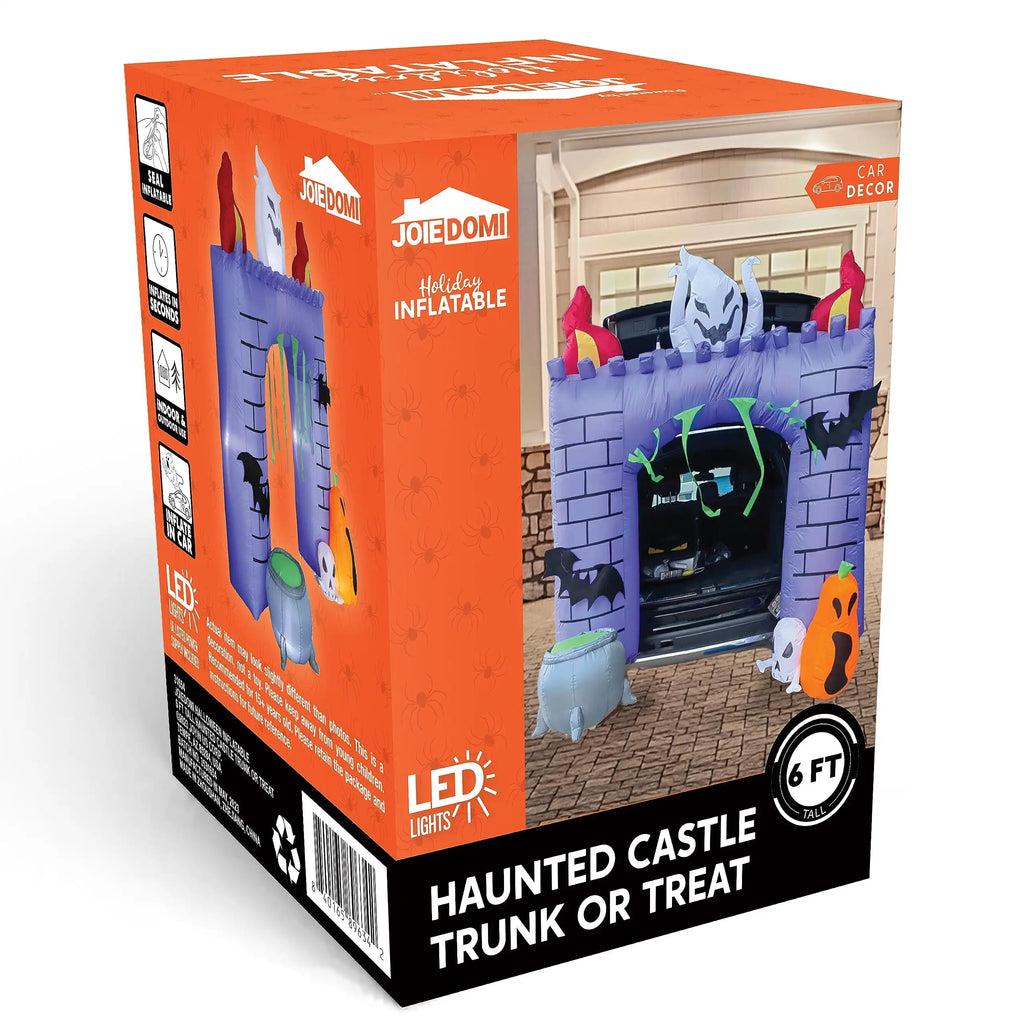 Packaging box for a 6 ft tall Halloween haunted castle trunk-or-treat inflatable