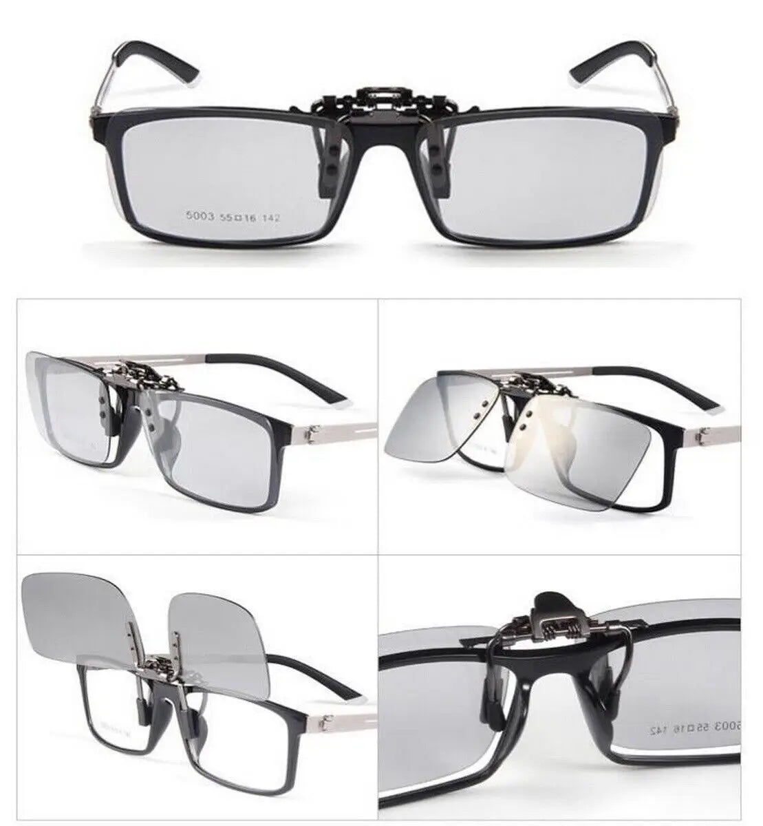 Close-up product views of clip-on sunglasses attached to glasses frames
