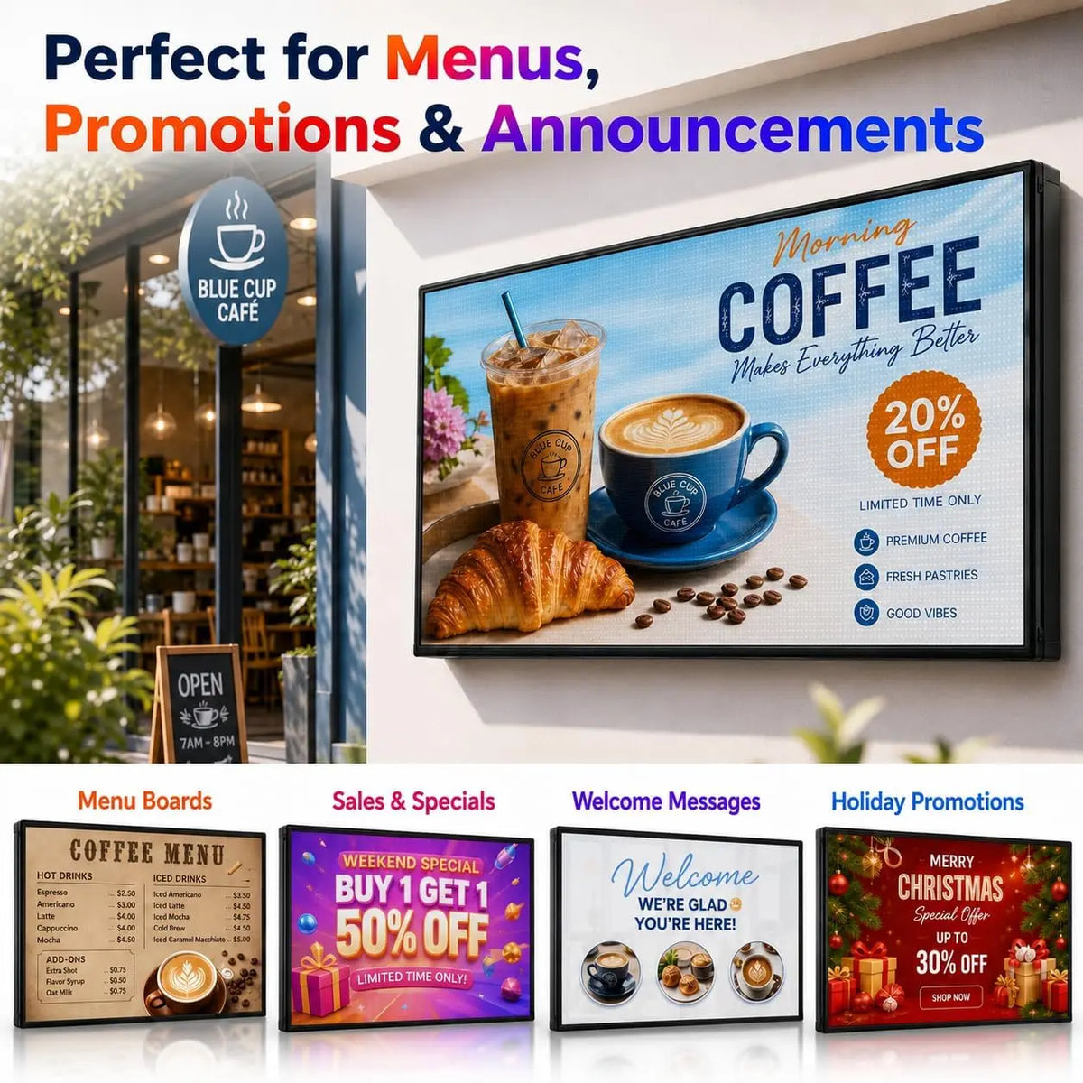 A montage showcasing an LED digital sign used for cafe menus, special offers, welcome messages, and holiday promotions.