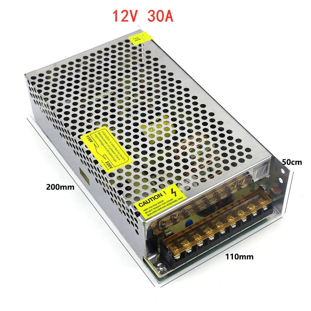 A metal-cased power supply unit for LED lighting with dimensional labels