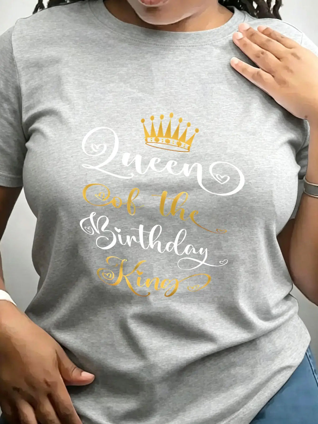 Grey heather crew neck t-shirt for women with gold and white Queen of the Birthday King crown graphic.