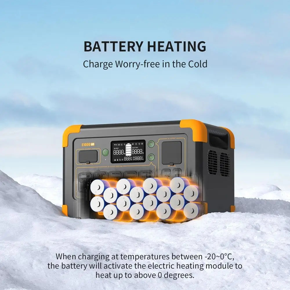 Portable power station in the snow highlighting its internal battery heating feature
