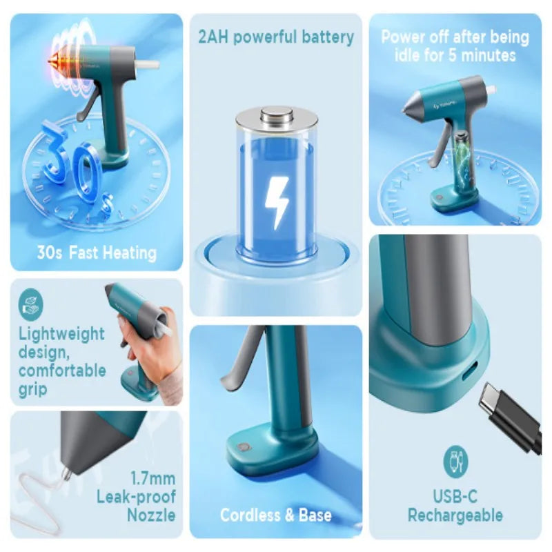 Infographic showing features of a cordless glue gun including battery, heating time, and nozzle size