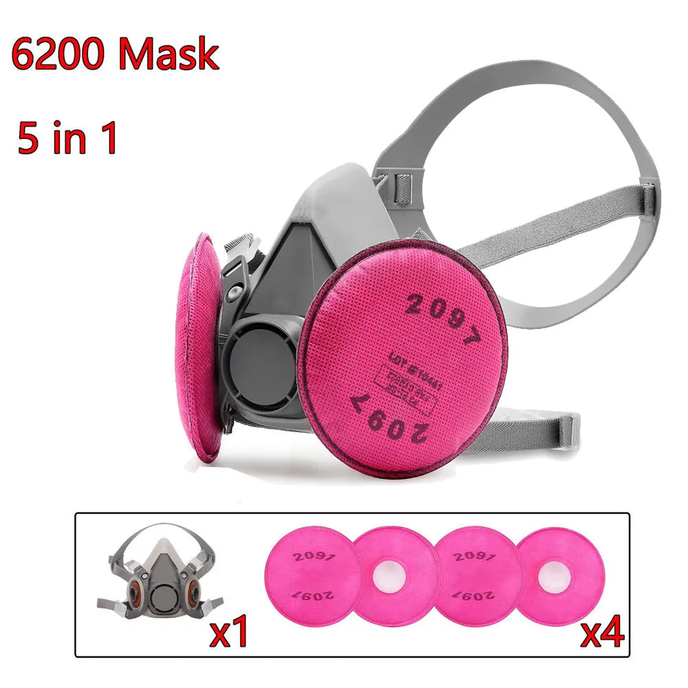 Half face respirator mask with 5 piece filter set including grey mask body and pink circular filters