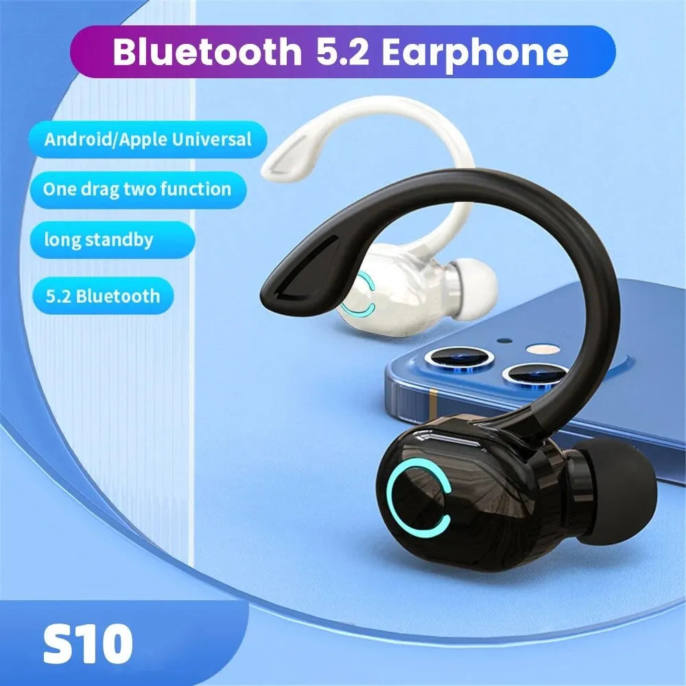 Black and white wireless Bluetooth headsets with ear hooks next to a smartphone
