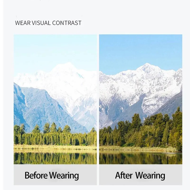 Visual contrast comparison showing mountain landscape view before and after using protective sports goggles