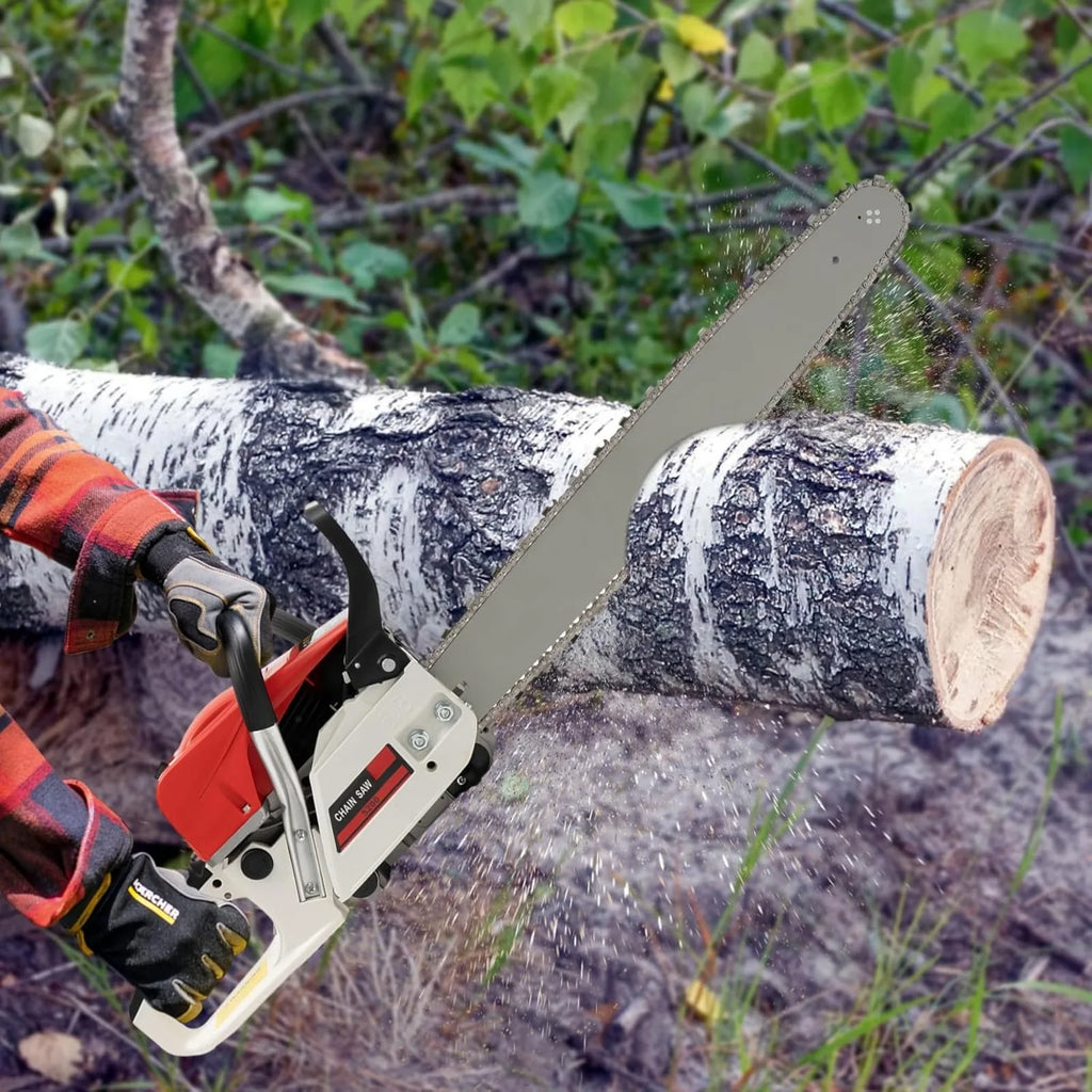 Person cutting a birch log with a red and white petrol chainsaw