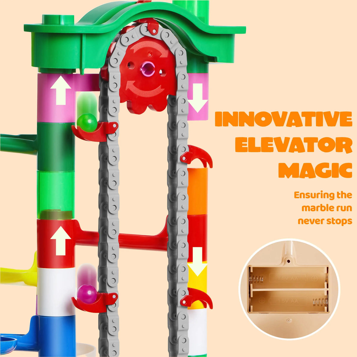 Section of a marble run toy tower with a motorized chain lift and battery compartment.