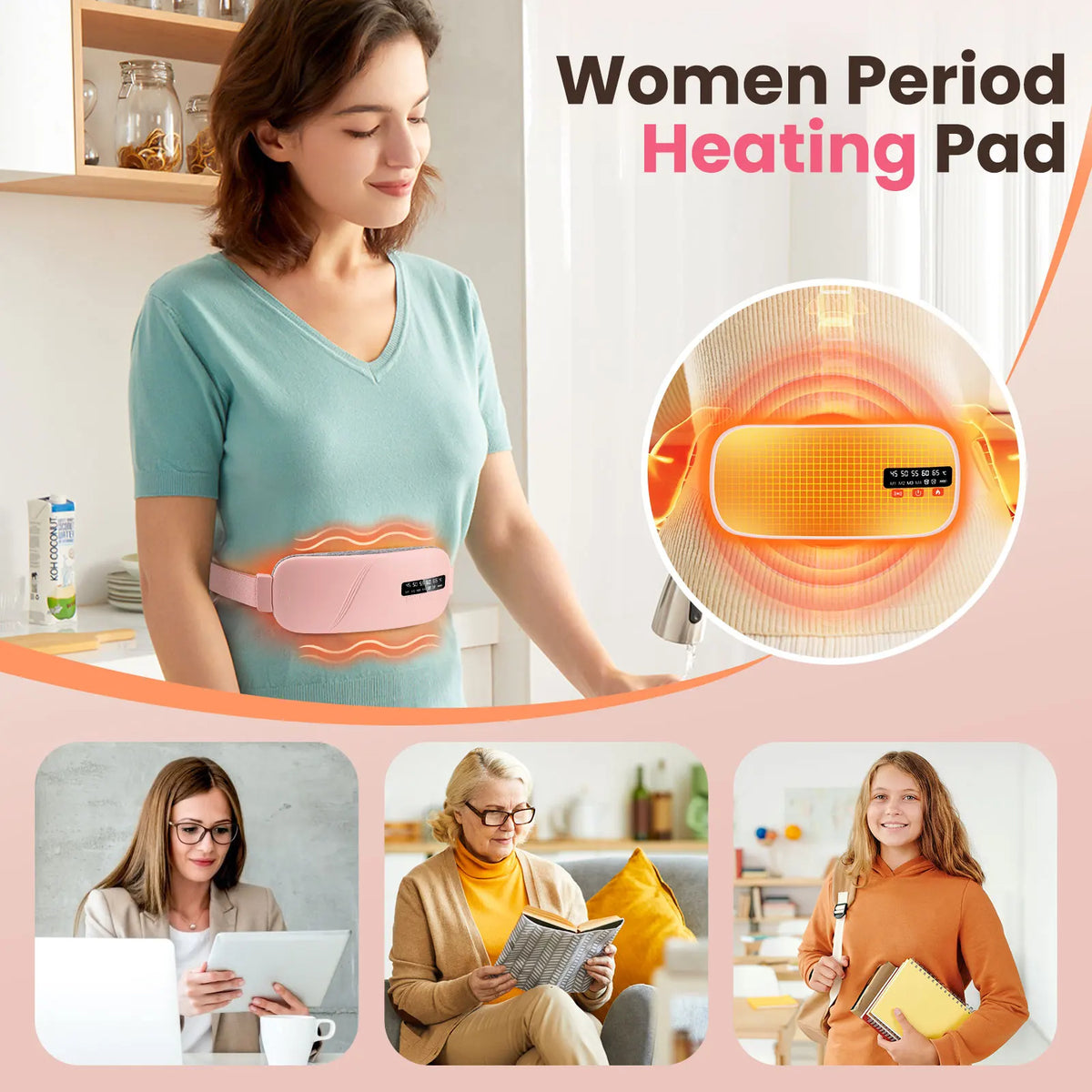 Pink electric menstrual heating belt used by women of various ages
