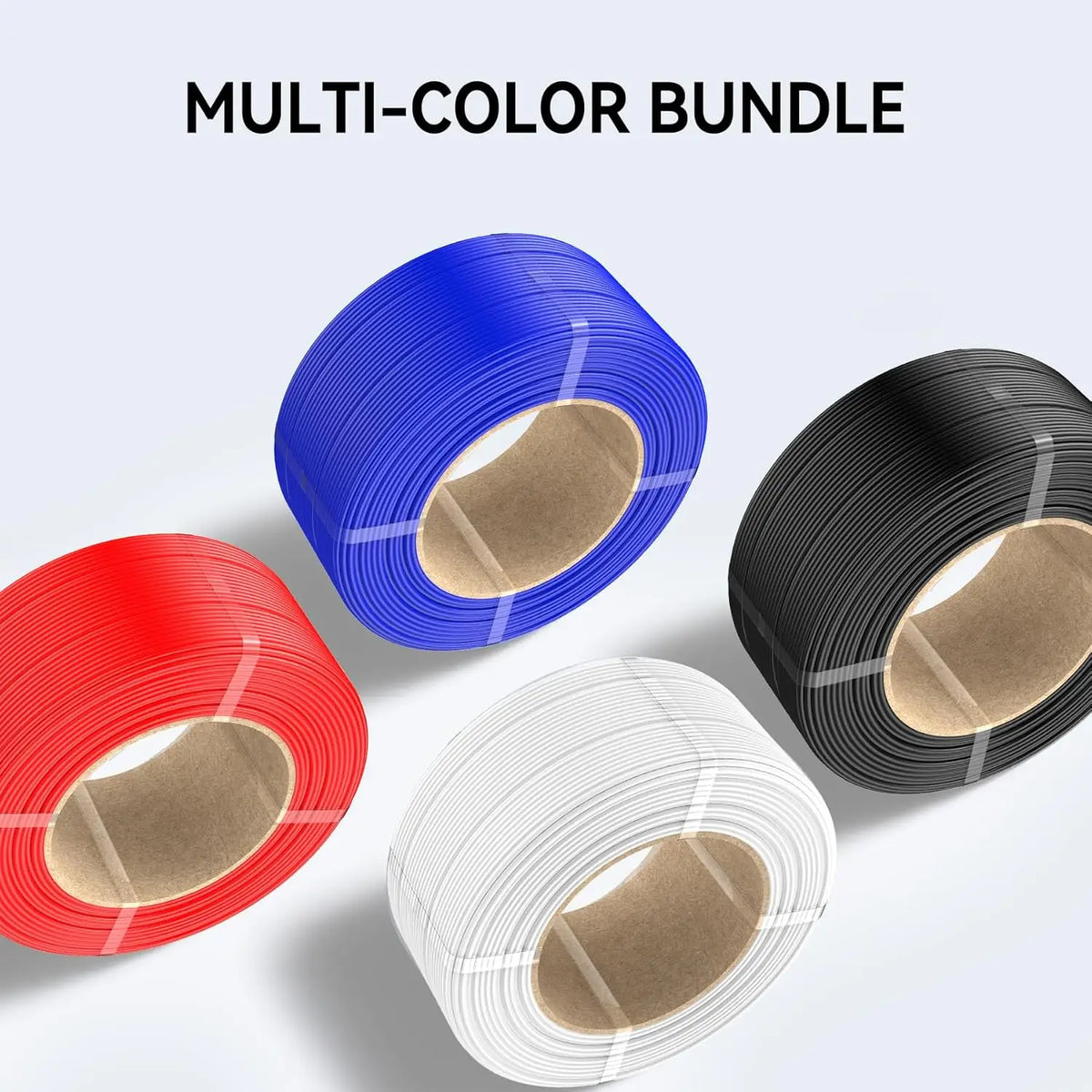 A bundle of multi-color PETG 3D printer filament rolls in red, blue, white, and black