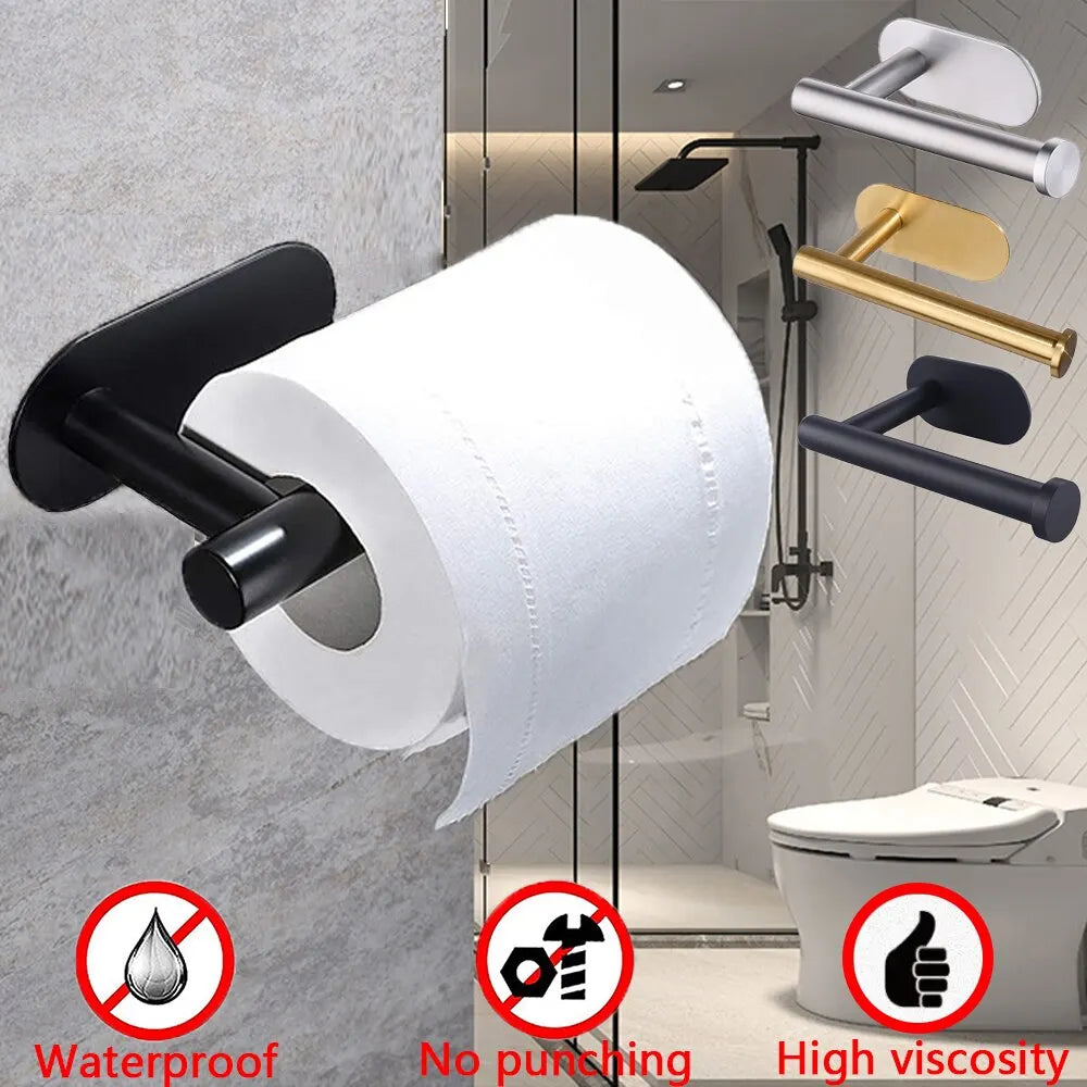 Stainless steel adhesive paper roll holder available in black, gold, and silver finishes.