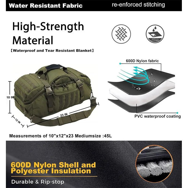 Tactical duffel bag showing material features, measurements and 600D nylon fabric construction