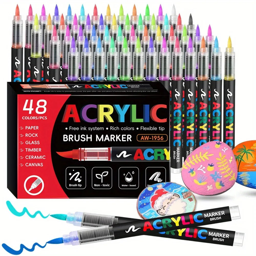 Set of acrylic paint brush markers in various colors with product packaging box