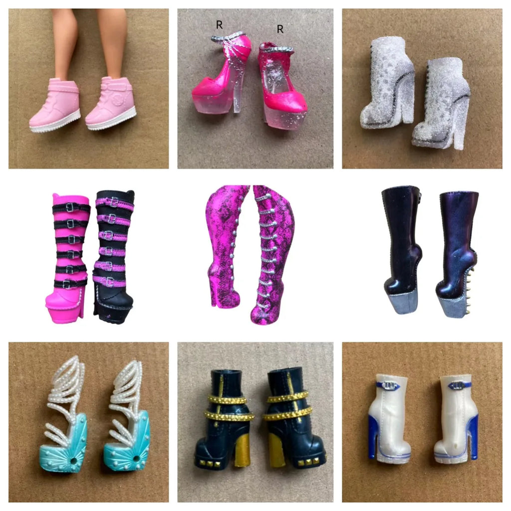 A collection of various fashion doll shoes including boots and high heels in different colors and styles.