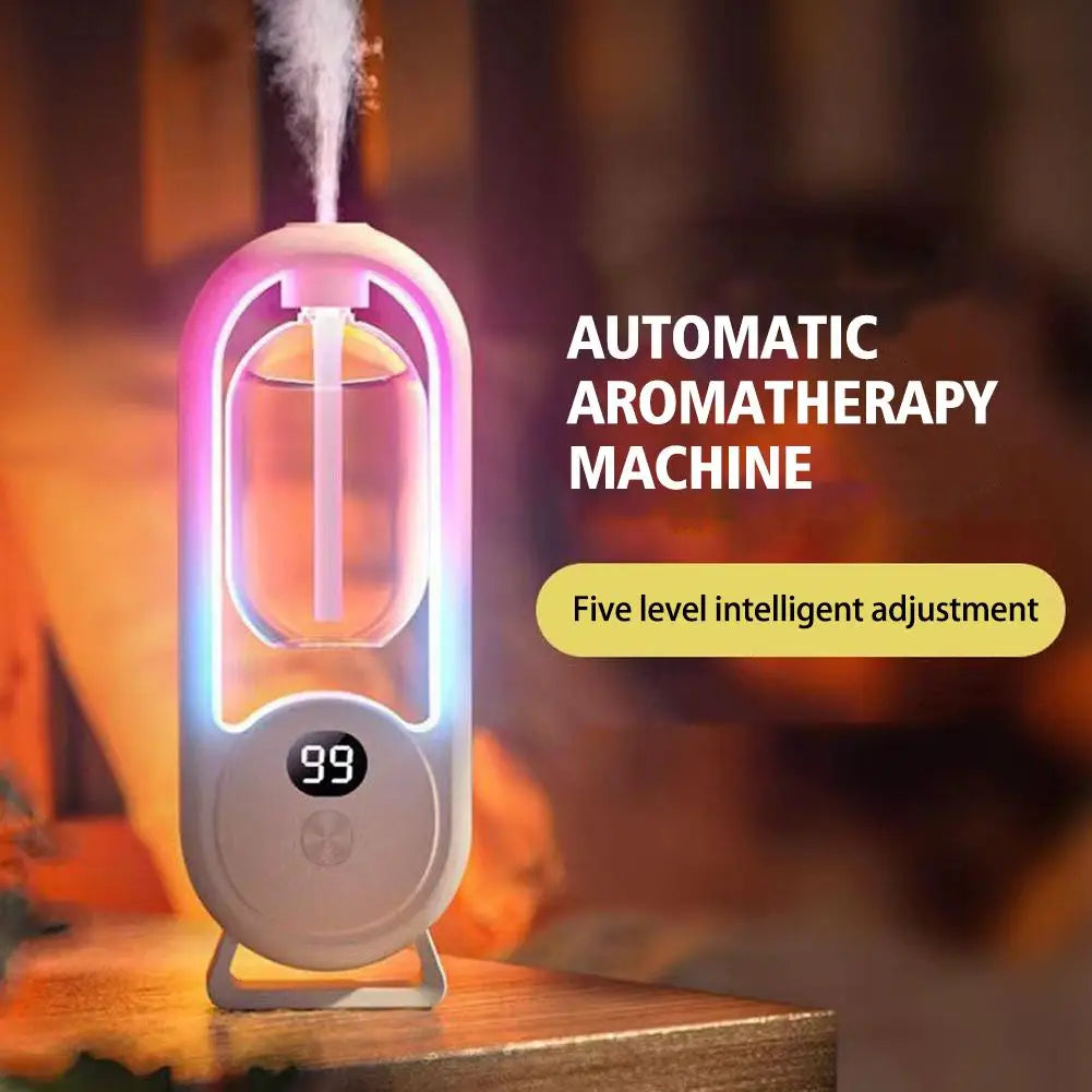 White automatic aromatherapy machine with light and digital display emitting mist