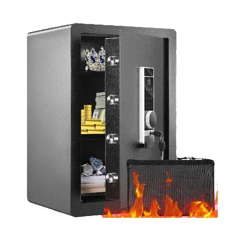 A black digital security safe with a keypad and fireproof bag, containing jewelry and money inside.
